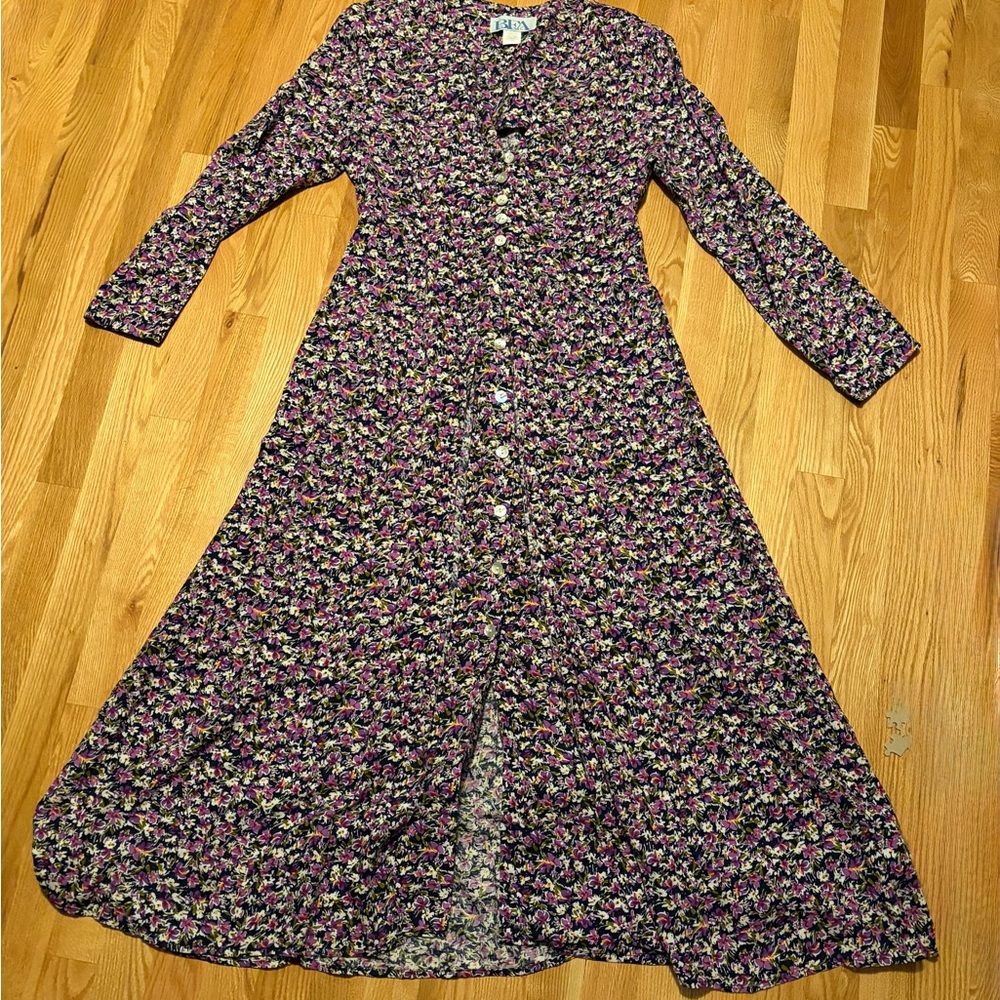 Dark Floral Long Sleeve Maxi Dress Navy Purple Vintage 90s Grandma Goth Grunge